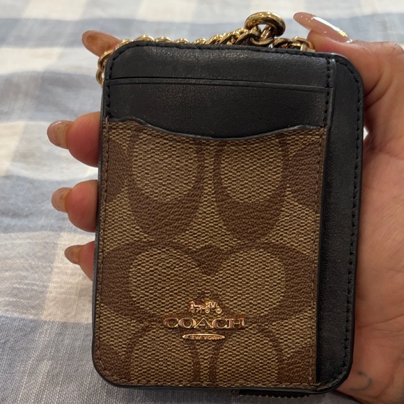 Coach Signature Brown and Black Card Holder with Gold Chain - Picture 6 of 7